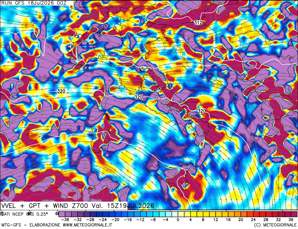mappa 700 hPa Velocit&agrave; verticiali + GPT + Vento