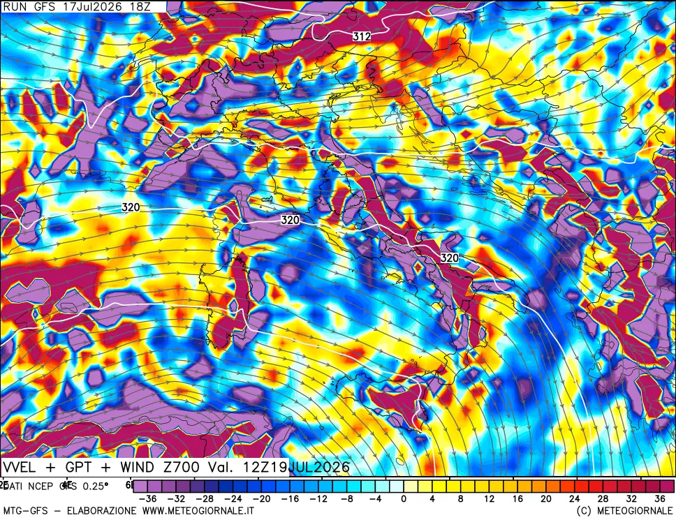 mappa 700 hPa Velocit&agrave; verticiali + GPT + Vento