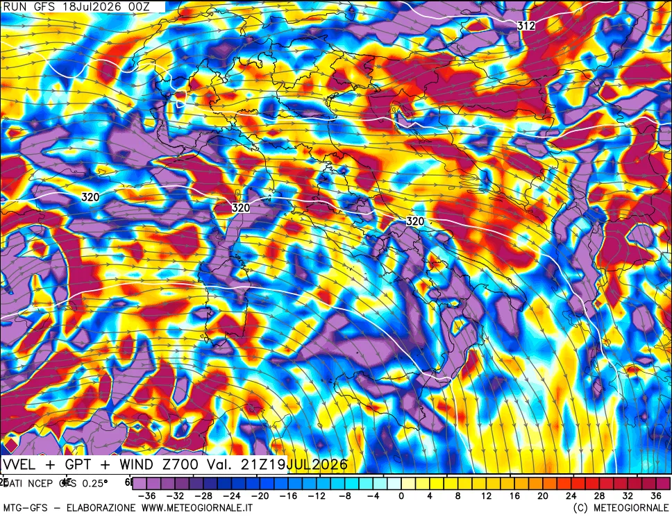 mappa 700 hPa Velocit&agrave; verticiali + GPT + Vento