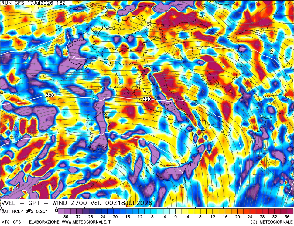 mappa 700 hPa Velocit&agrave; verticiali + GPT + Vento