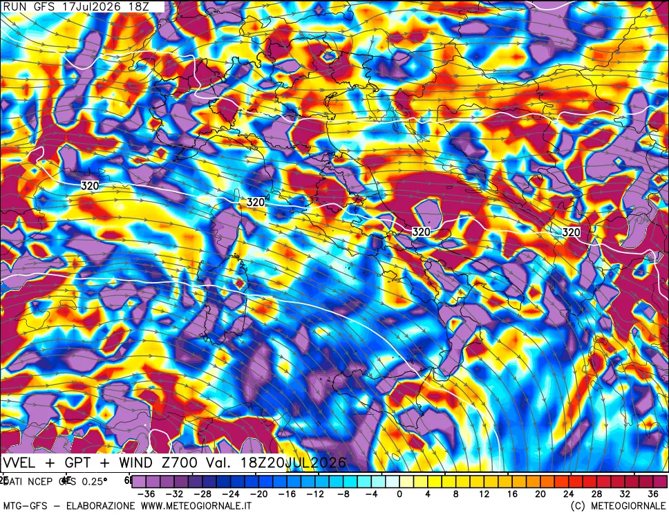 mappa 700 hPa Velocit&agrave; verticiali + GPT + Vento
