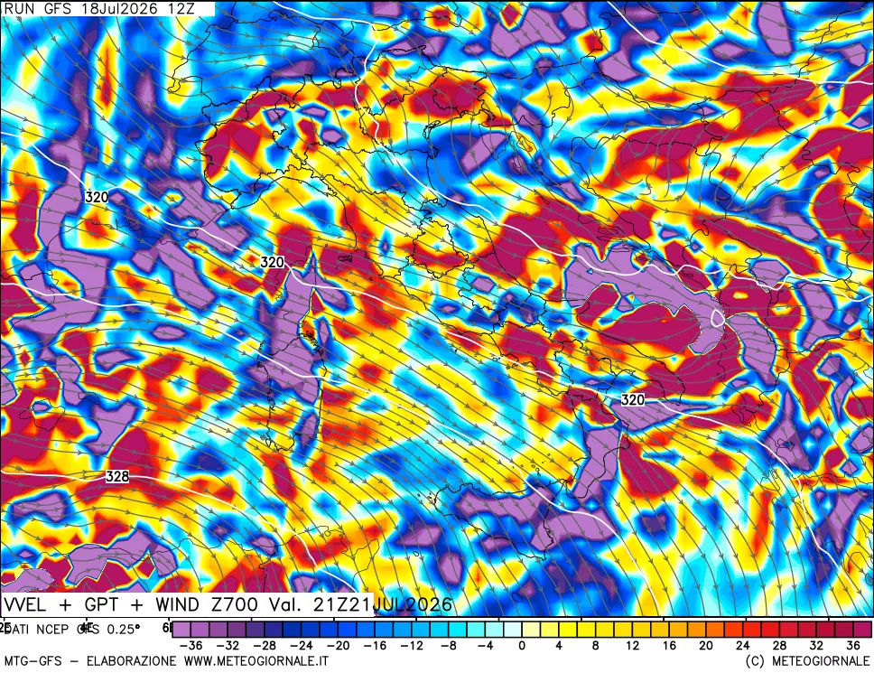 mappa 700 hPa Velocit&agrave; verticiali + GPT + Vento