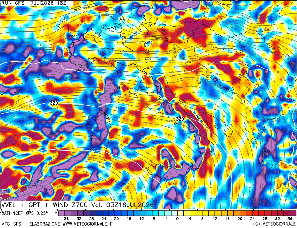 mappa 700 hPa Velocit&agrave; verticiali + GPT + Vento
