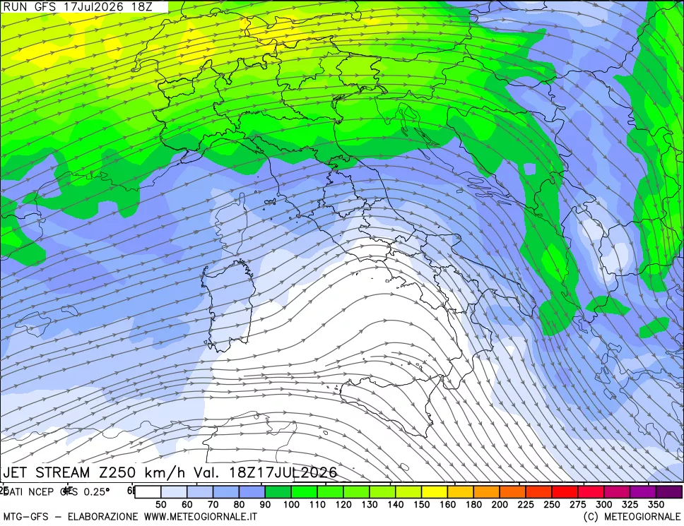 mappa 250 hPa Jet stream