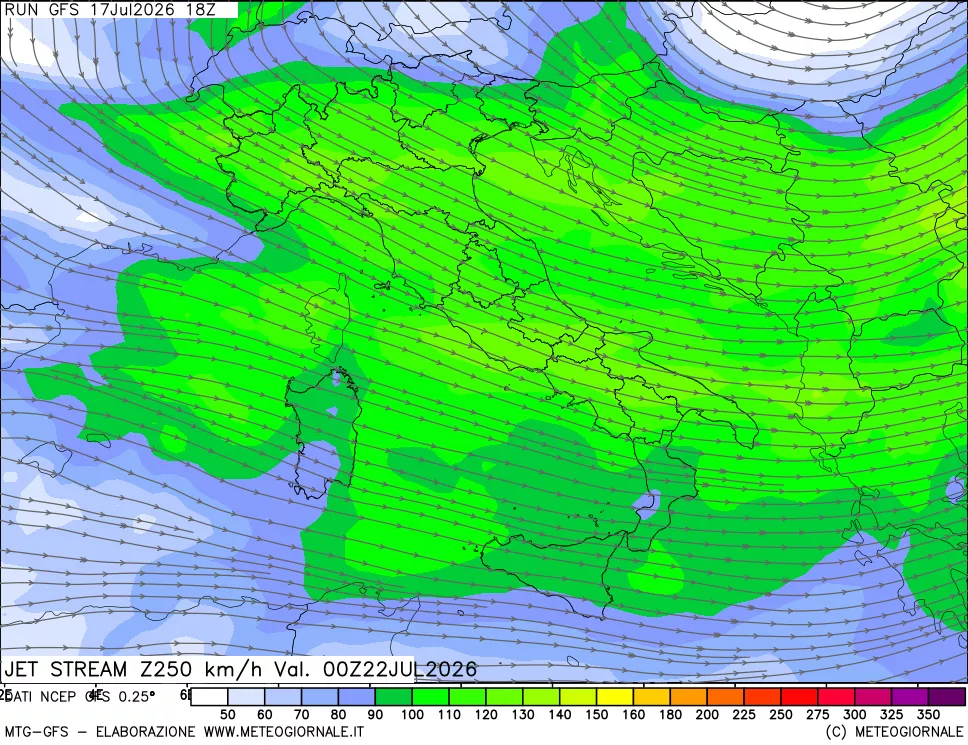 mappa 250 hPa Jet stream