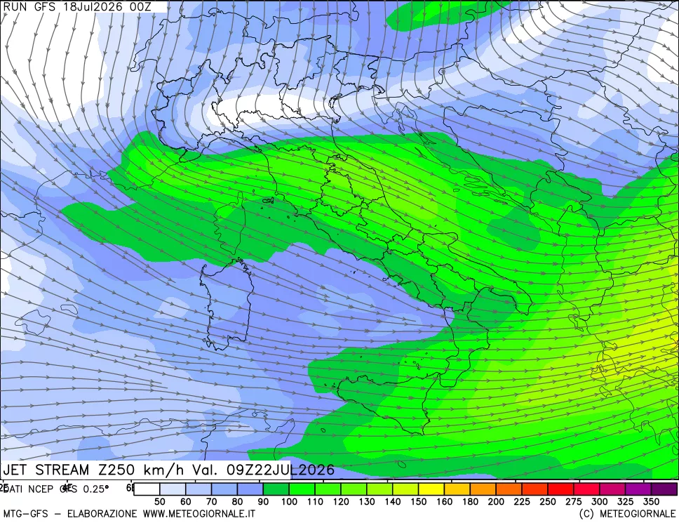mappa 250 hPa Jet stream
