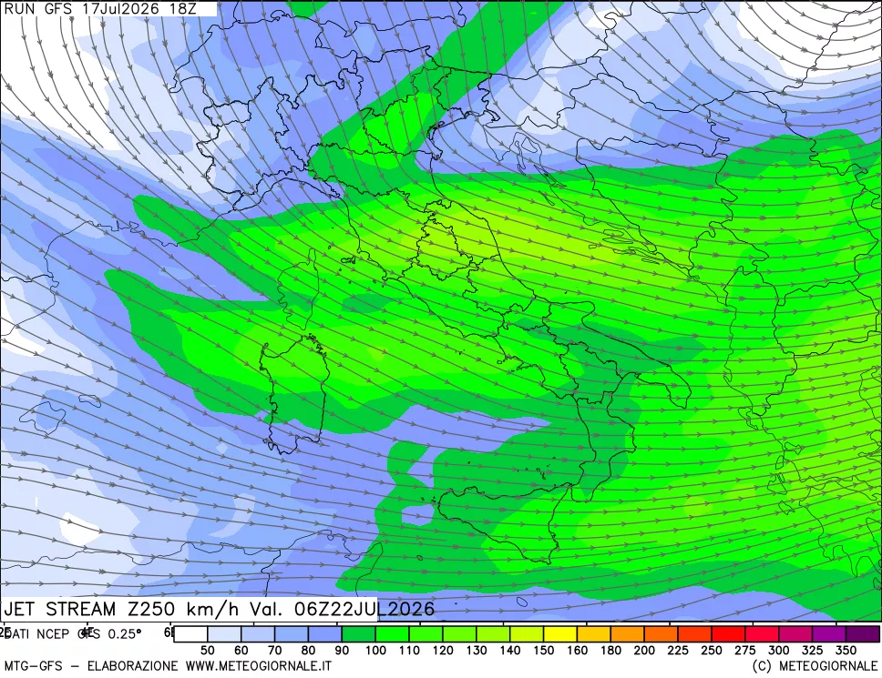 mappa 250 hPa Jet stream