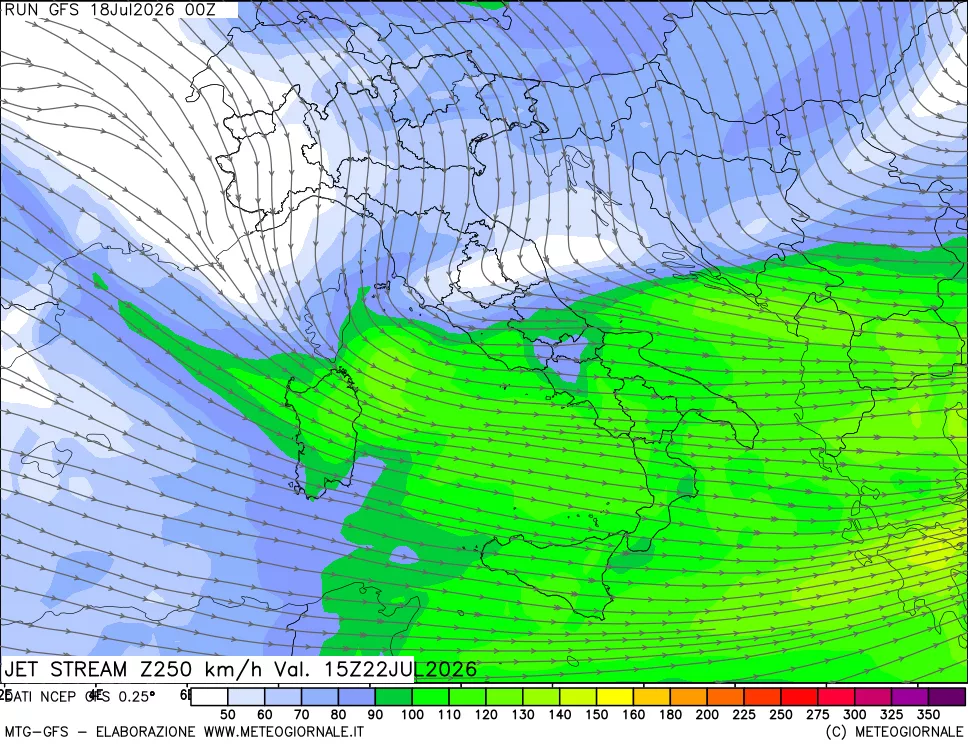 mappa 250 hPa Jet stream