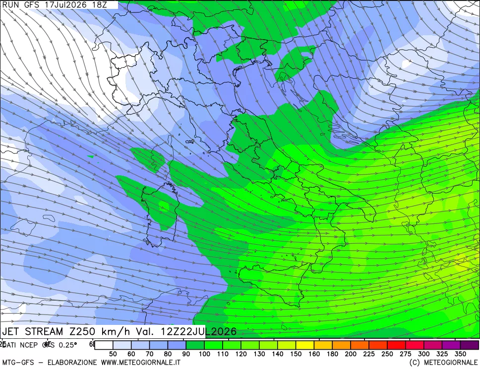 mappa 250 hPa Jet stream