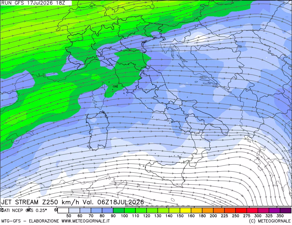 mappa 250 hPa Jet stream