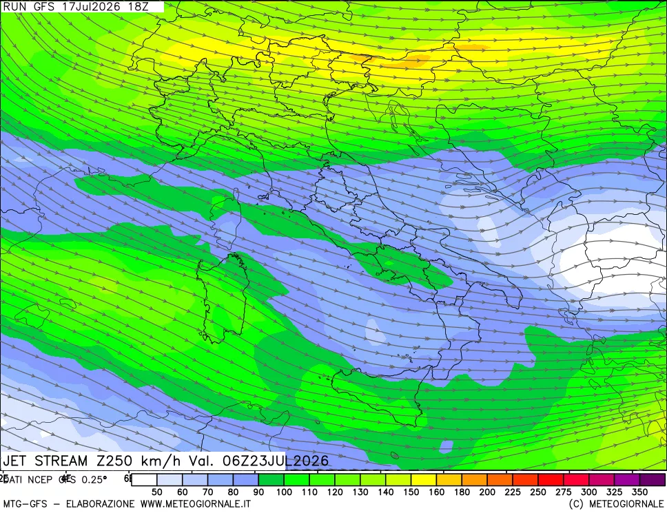 mappa 250 hPa Jet stream