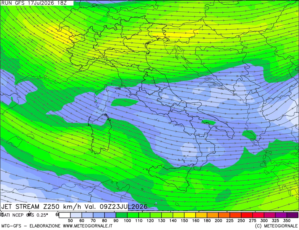 mappa 250 hPa Jet stream