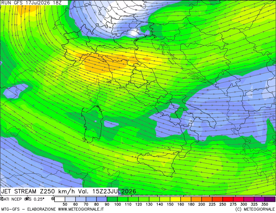 mappa 250 hPa Jet stream