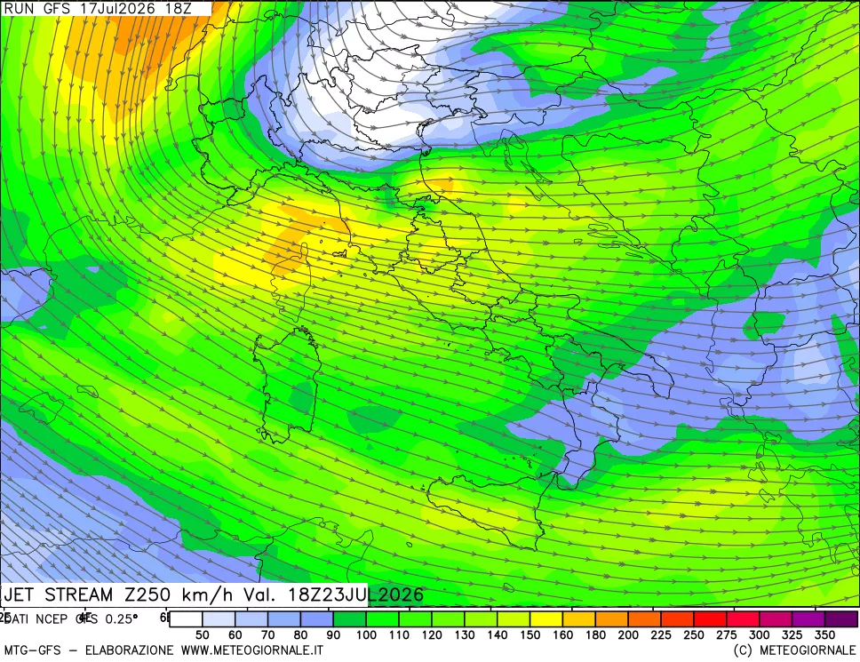 mappa 250 hPa Jet stream