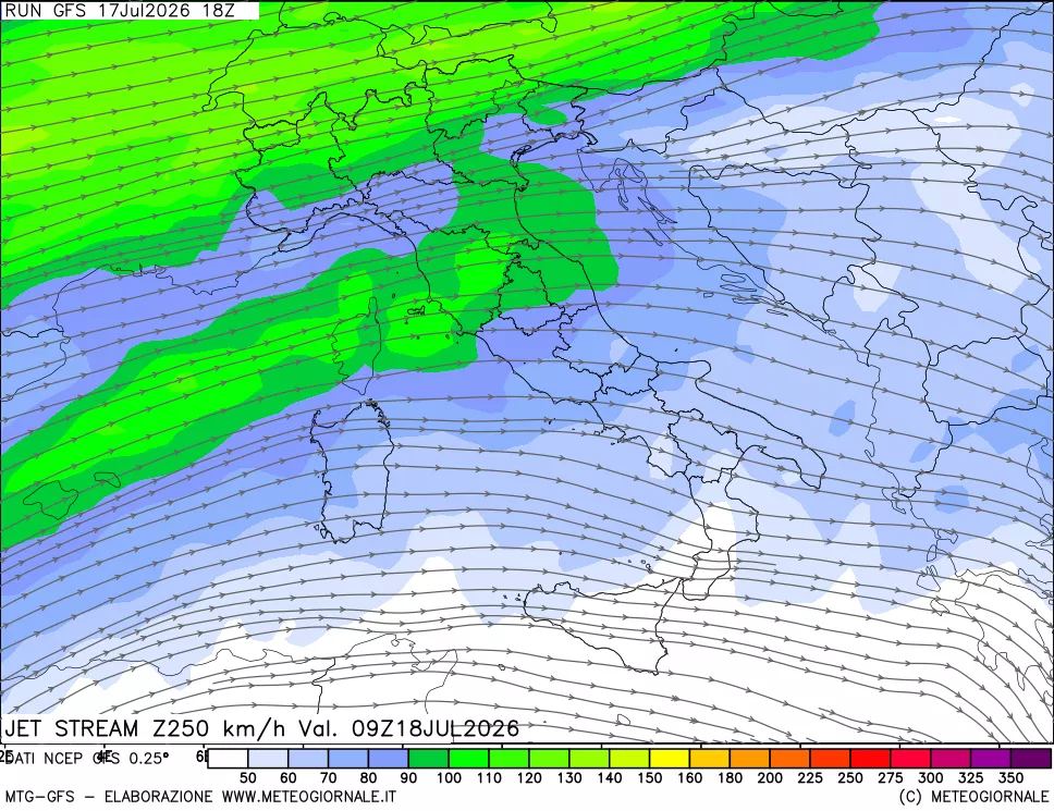 mappa 250 hPa Jet stream