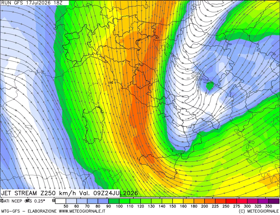mappa 250 hPa Jet stream
