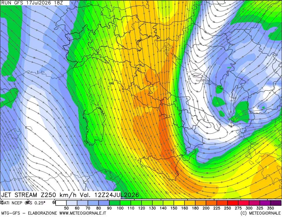 mappa 250 hPa Jet stream