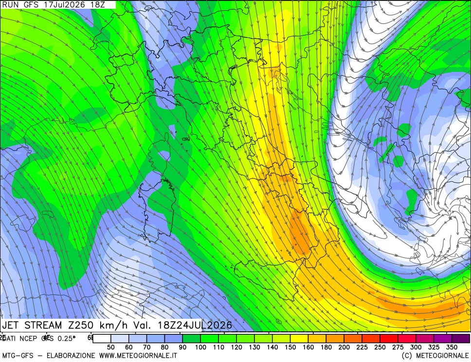 mappa 250 hPa Jet stream