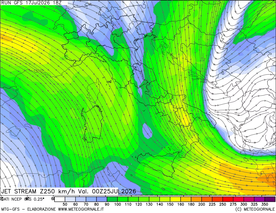 mappa 250 hPa Jet stream