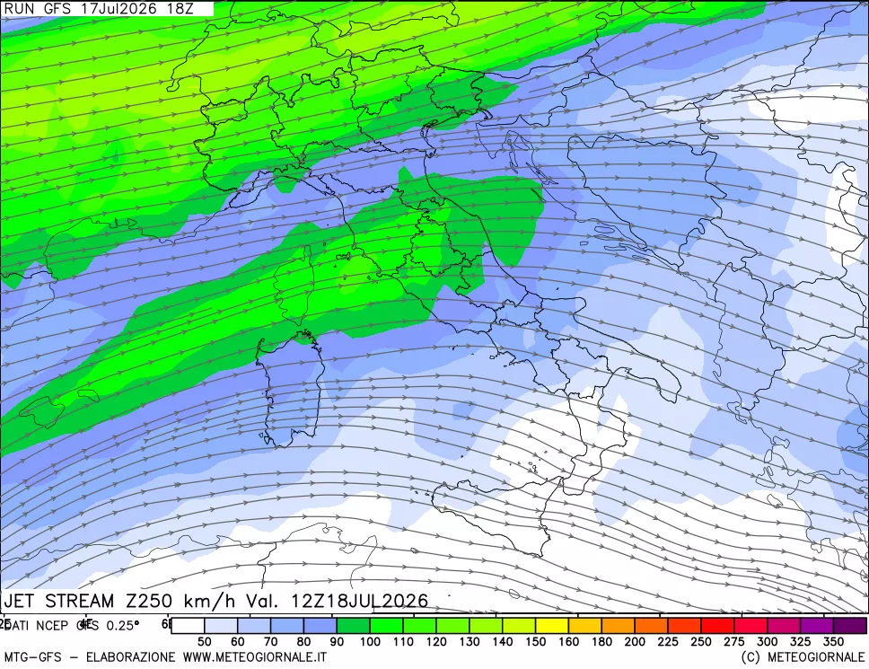 mappa 250 hPa Jet stream