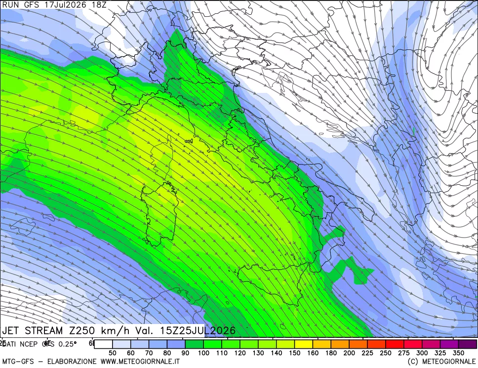 mappa 250 hPa Jet stream