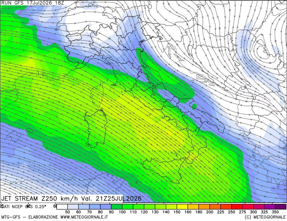 mappa 250 hPa Jet stream
