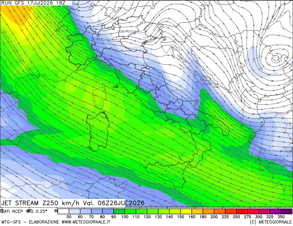 mappa 250 hPa Jet stream