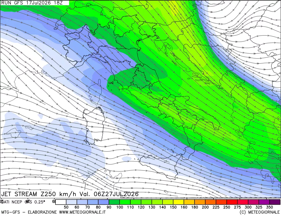 mappa 250 hPa Jet stream