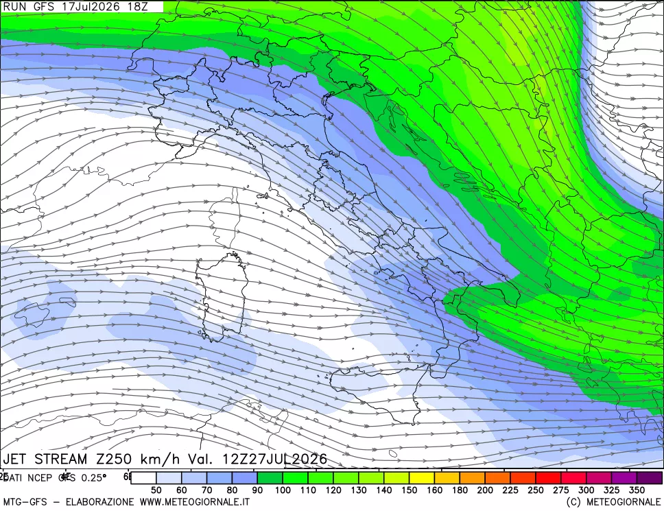 mappa 250 hPa Jet stream