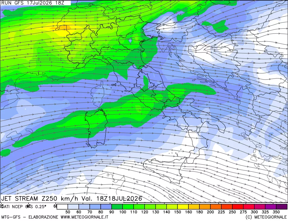 mappa 250 hPa Jet stream