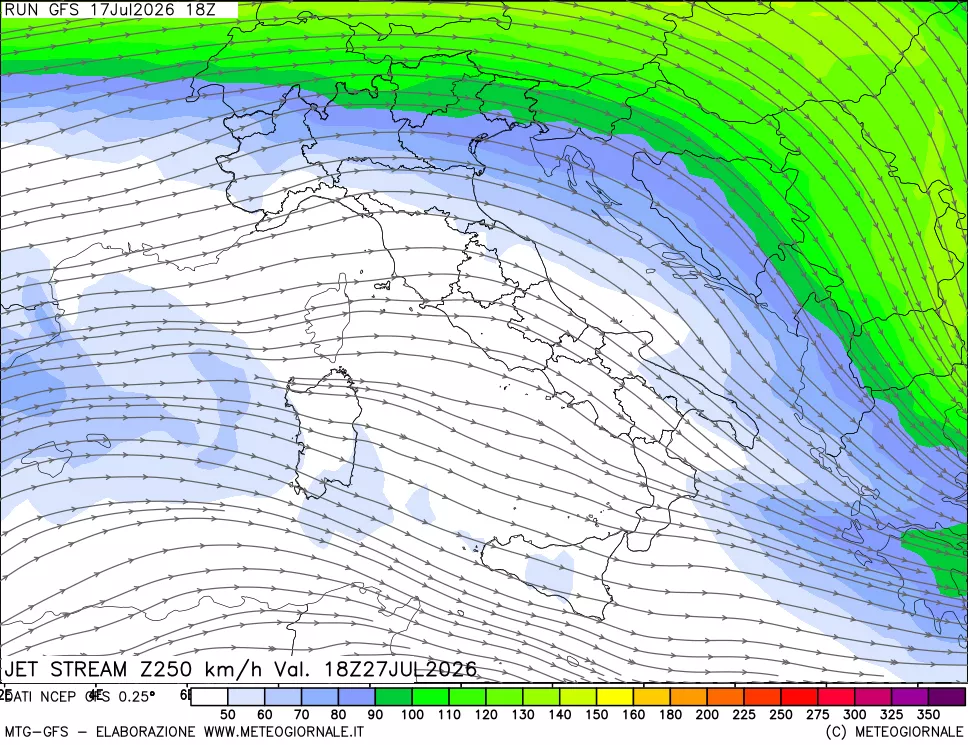 mappa 250 hPa Jet stream