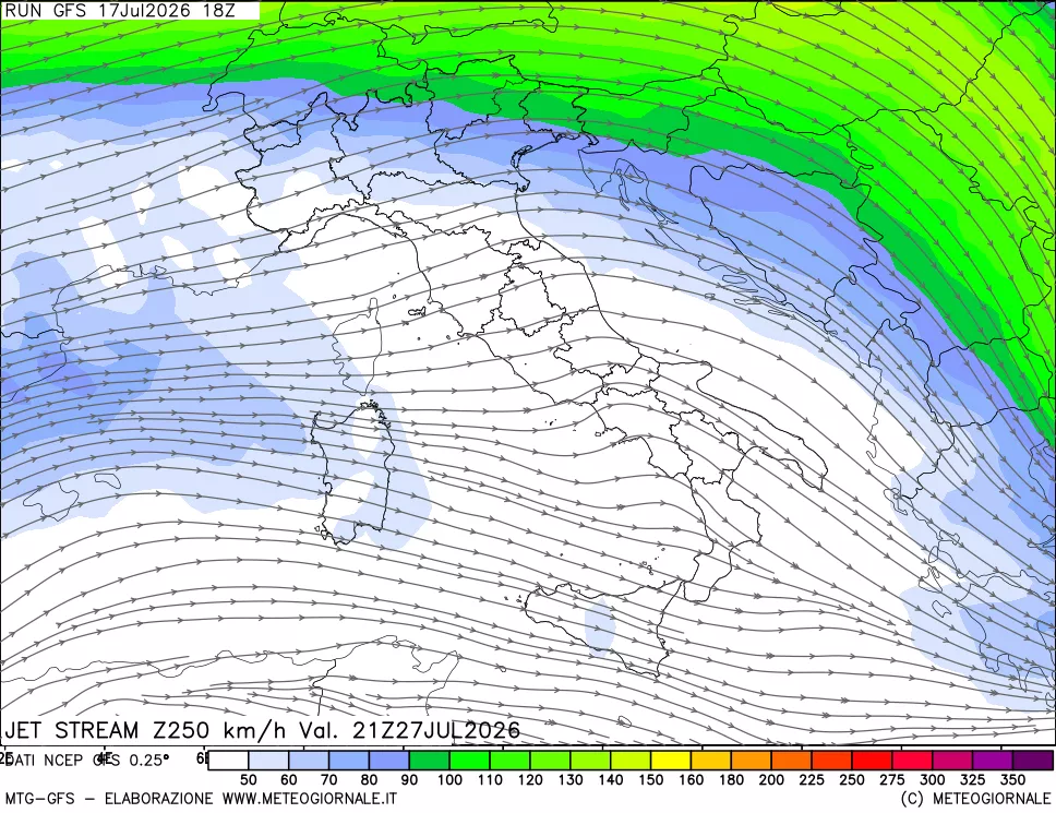 mappa 250 hPa Jet stream