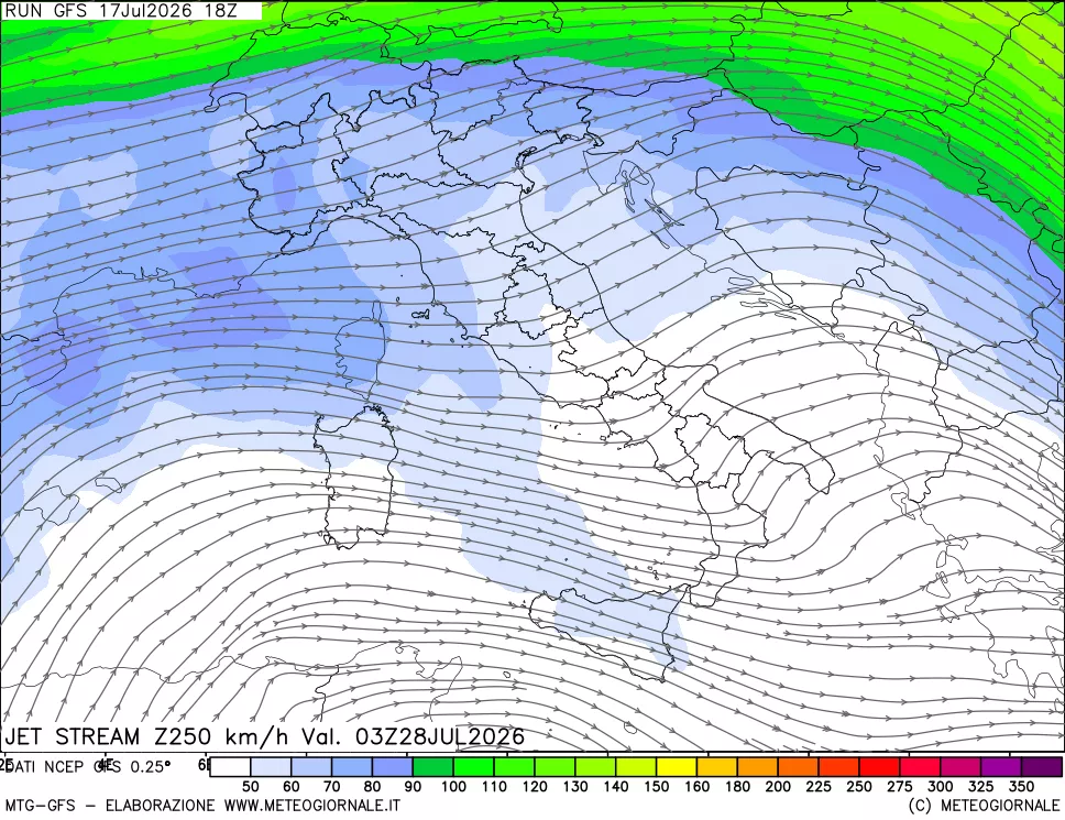 mappa 250 hPa Jet stream
