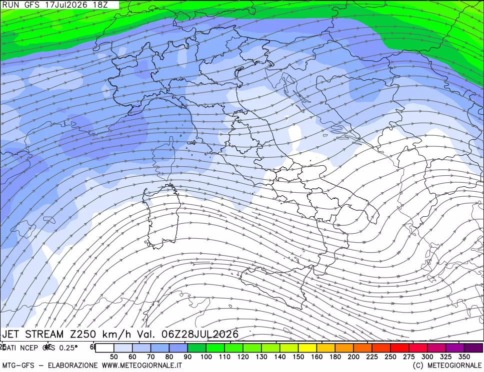 mappa 250 hPa Jet stream