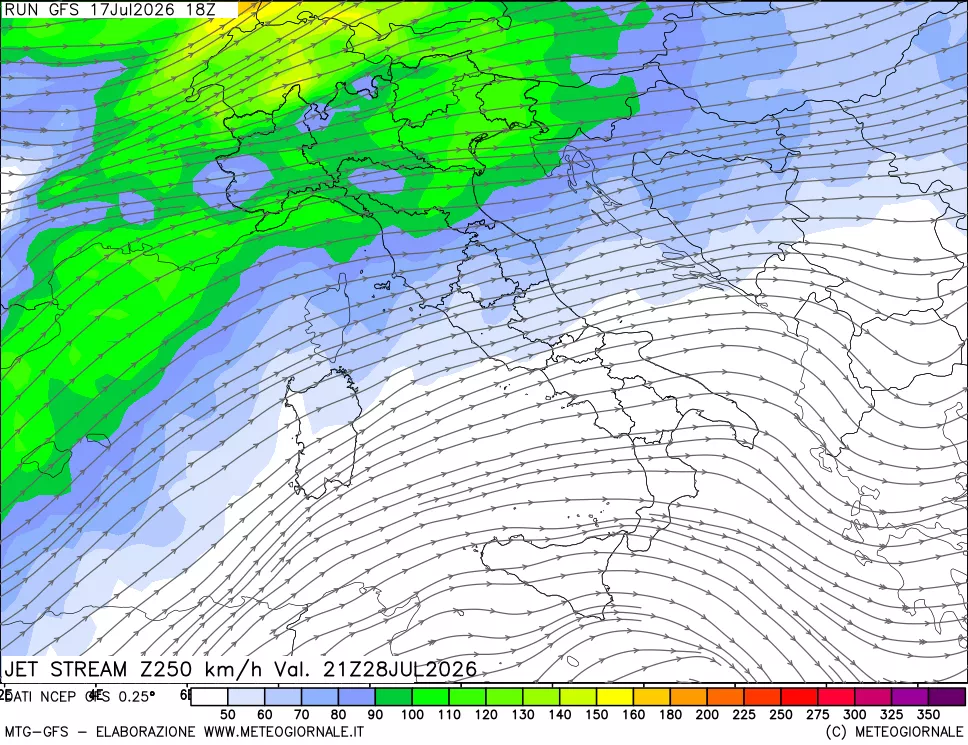 mappa 250 hPa Jet stream
