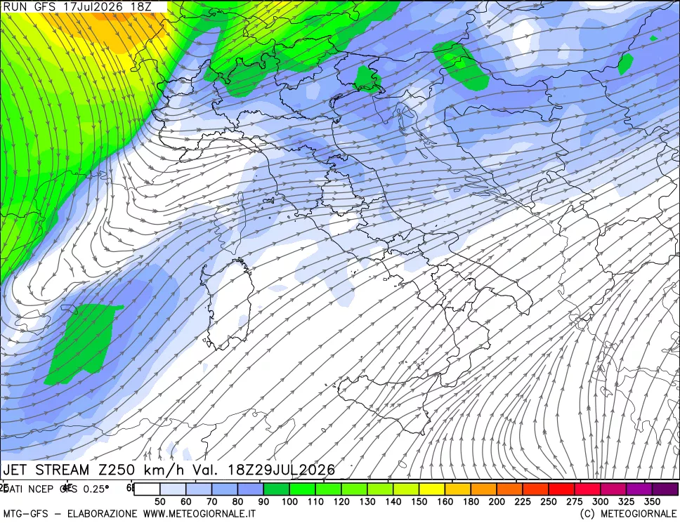 mappa 250 hPa Jet stream