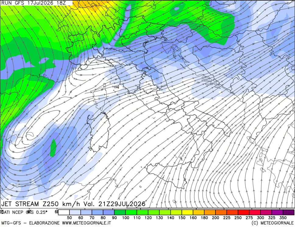 mappa 250 hPa Jet stream