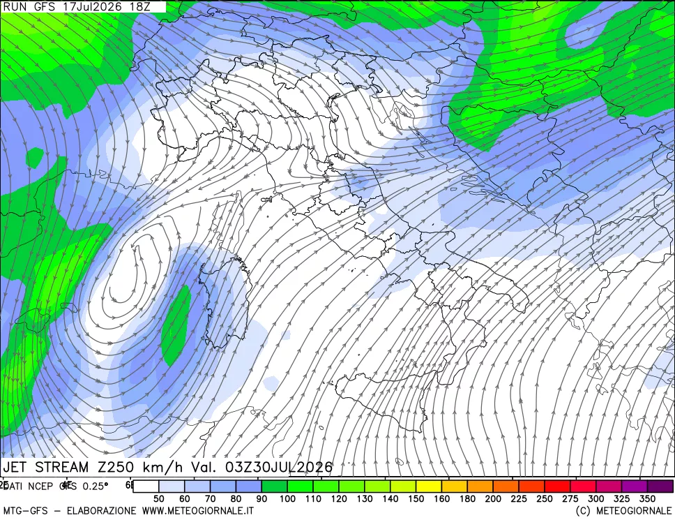 mappa 250 hPa Jet stream