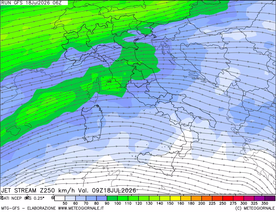 mappa 250 hPa Jet stream