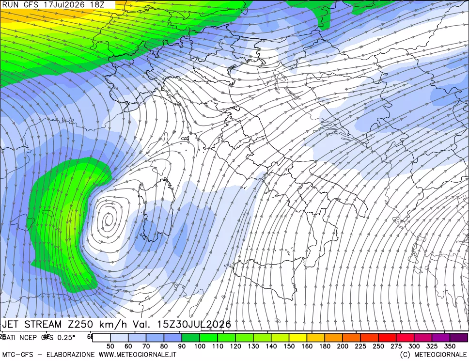 mappa 250 hPa Jet stream