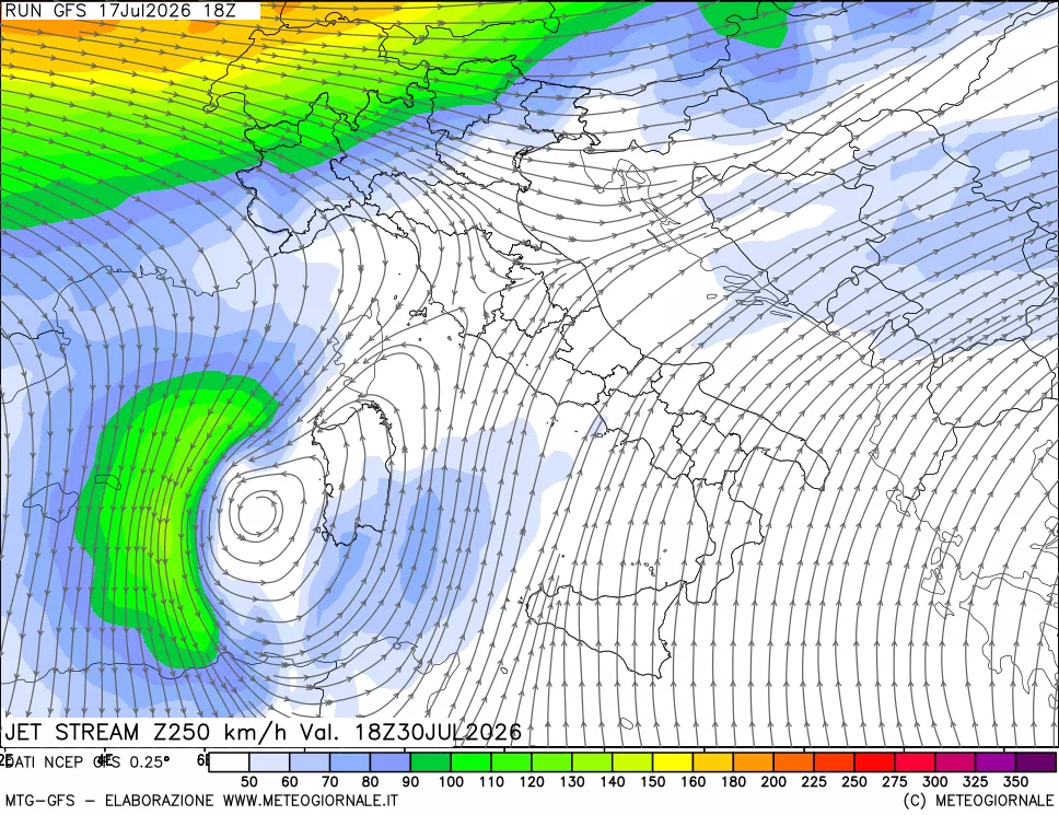 mappa 250 hPa Jet stream