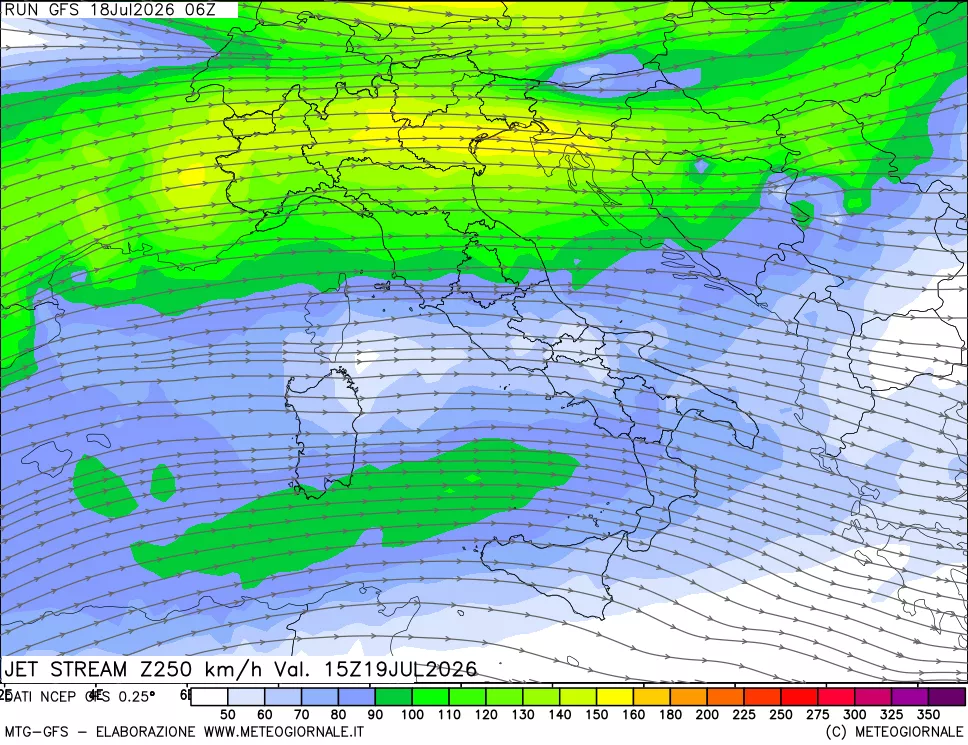 mappa 250 hPa Jet stream