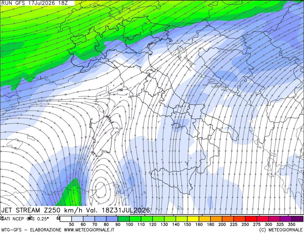 mappa 250 hPa Jet stream