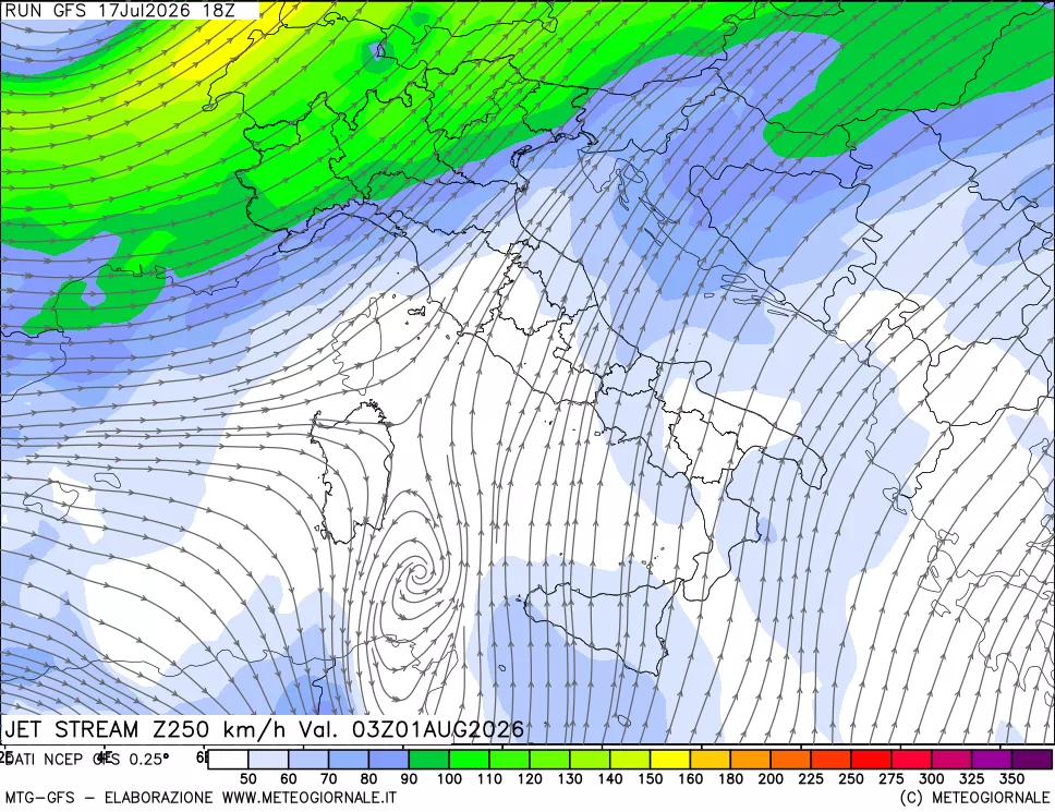 mappa 250 hPa Jet stream