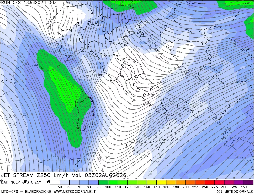 mappa 250 hPa Jet stream