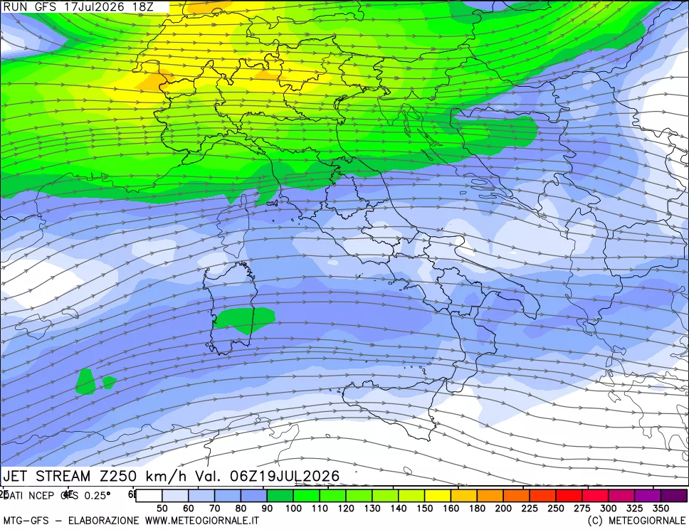 mappa 250 hPa Jet stream