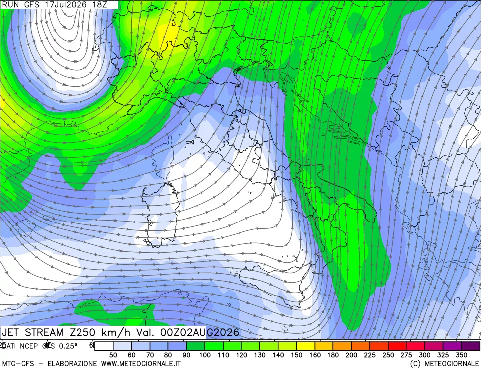 mappa 250 hPa Jet stream