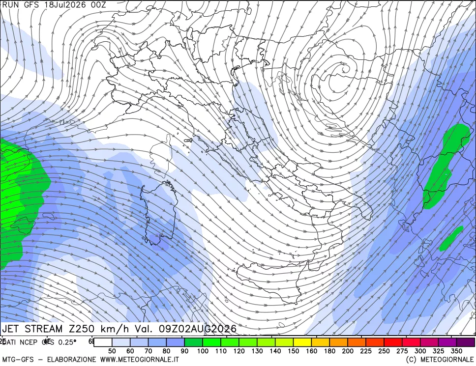 mappa 250 hPa Jet stream
