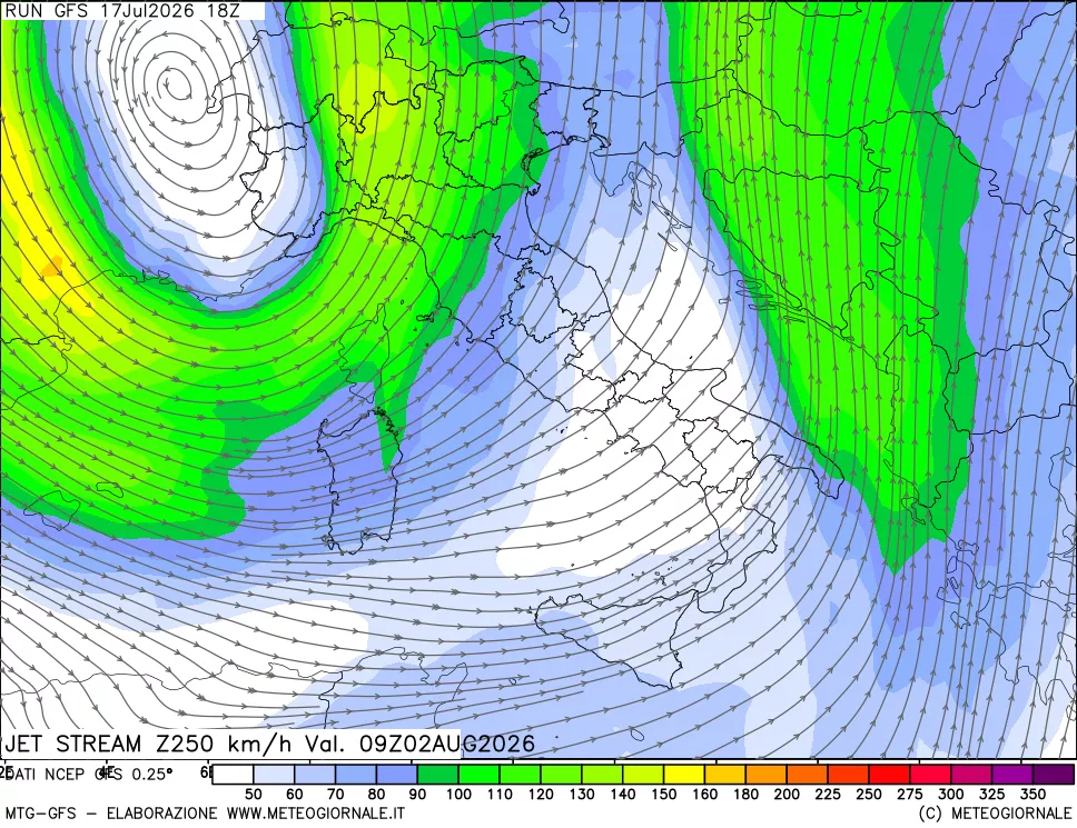 mappa 250 hPa Jet stream