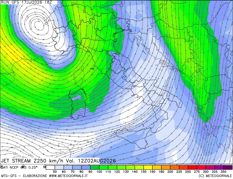 mappa 250 hPa Jet stream